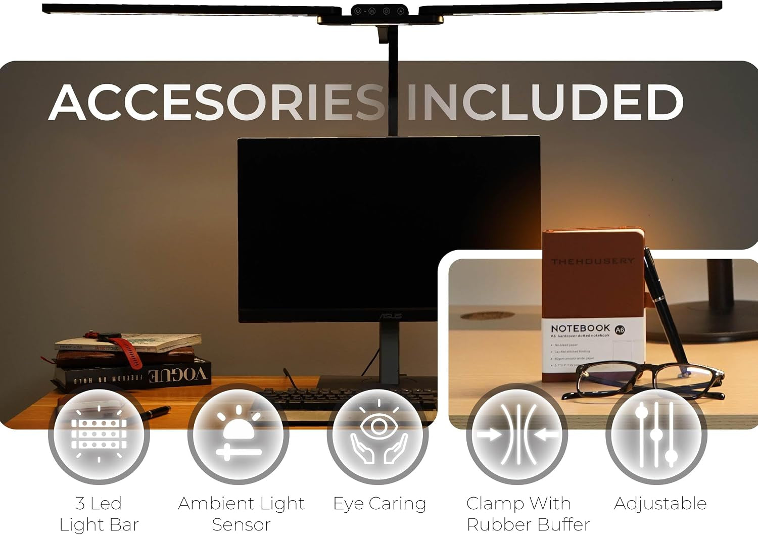 LED Desk Lamp, anti Eyestrain with Blue Light Blocking Glasses Included, 3000K-6500K with Clamp, Architect Style Swing Arm, Wide Monitor Computer Light for Home Office Gift