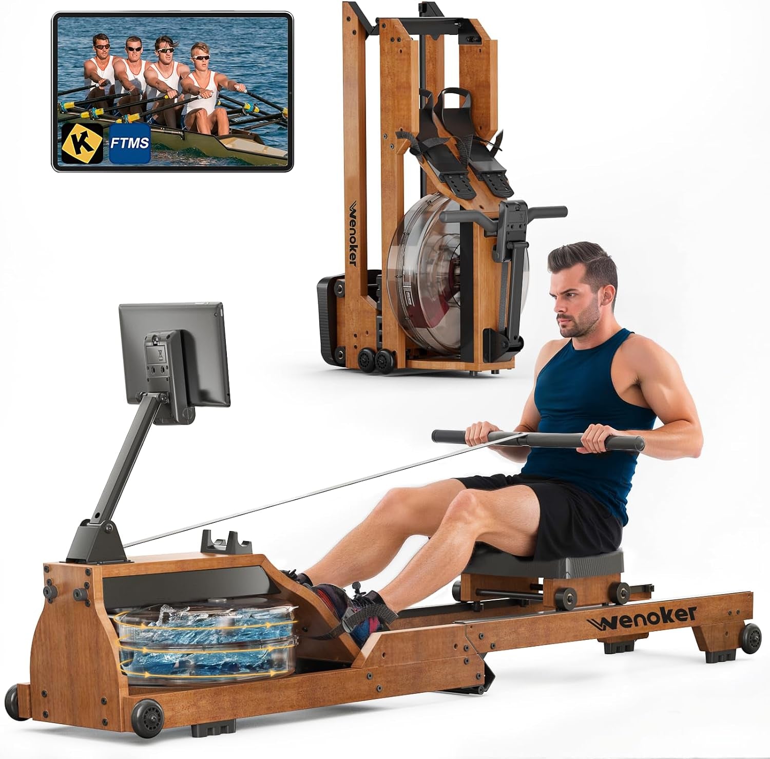 Water Rowing Machine for Home Use,  Wooden Foldable Rower Machine with Dedicated Monitor & Bluetooth APP, Large Water Tank & Comfortable Seat for Immersive Water Rower, 350LBS Weight Capacity