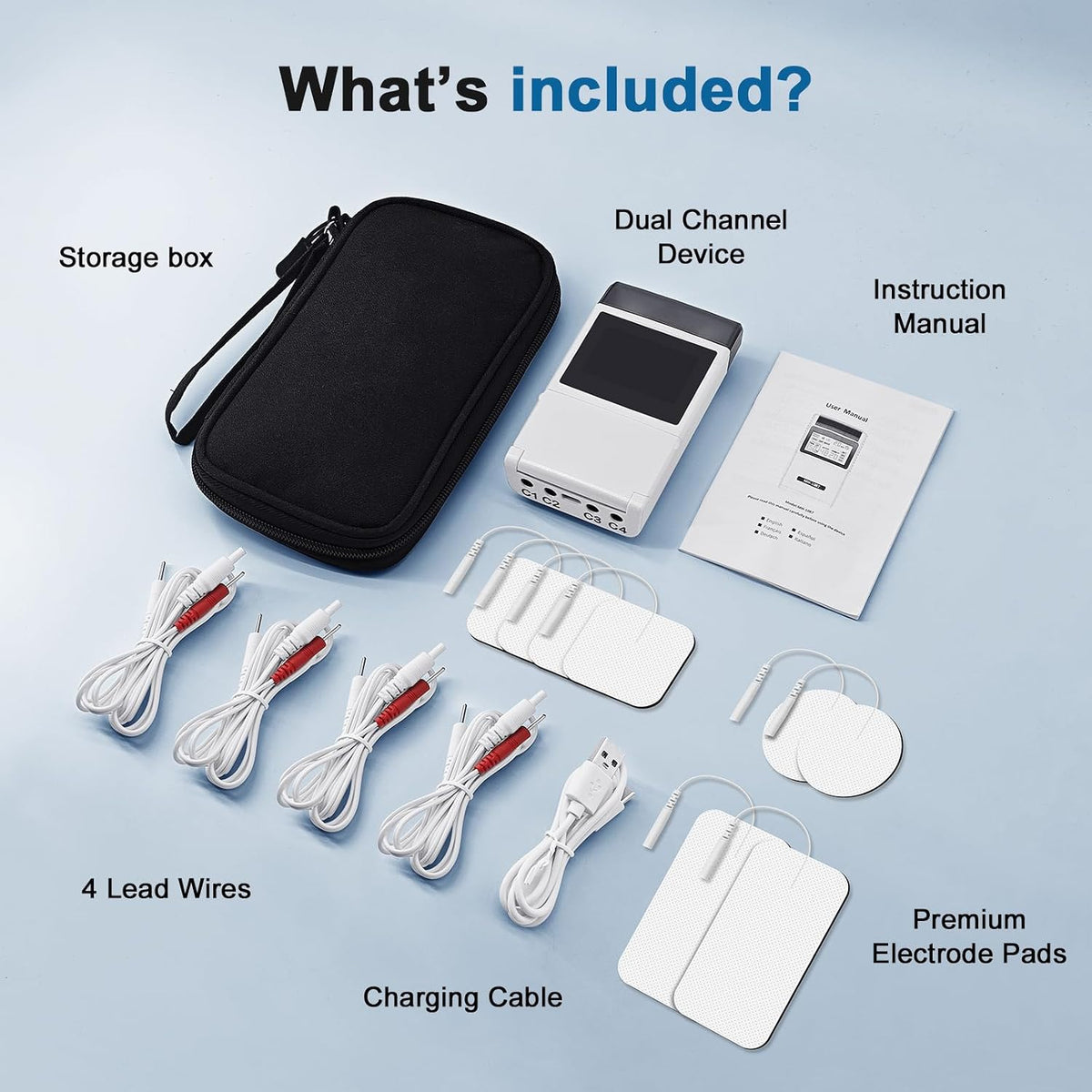 Electroestimulador TENS EMS Pro de 4 canales con pantalla digital a color
