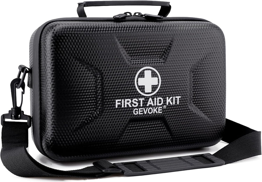 Kit de primeros auxilios impermeable de 410 piezas con estuche rígido negro de Movil Shop para camping y supervivencia.
