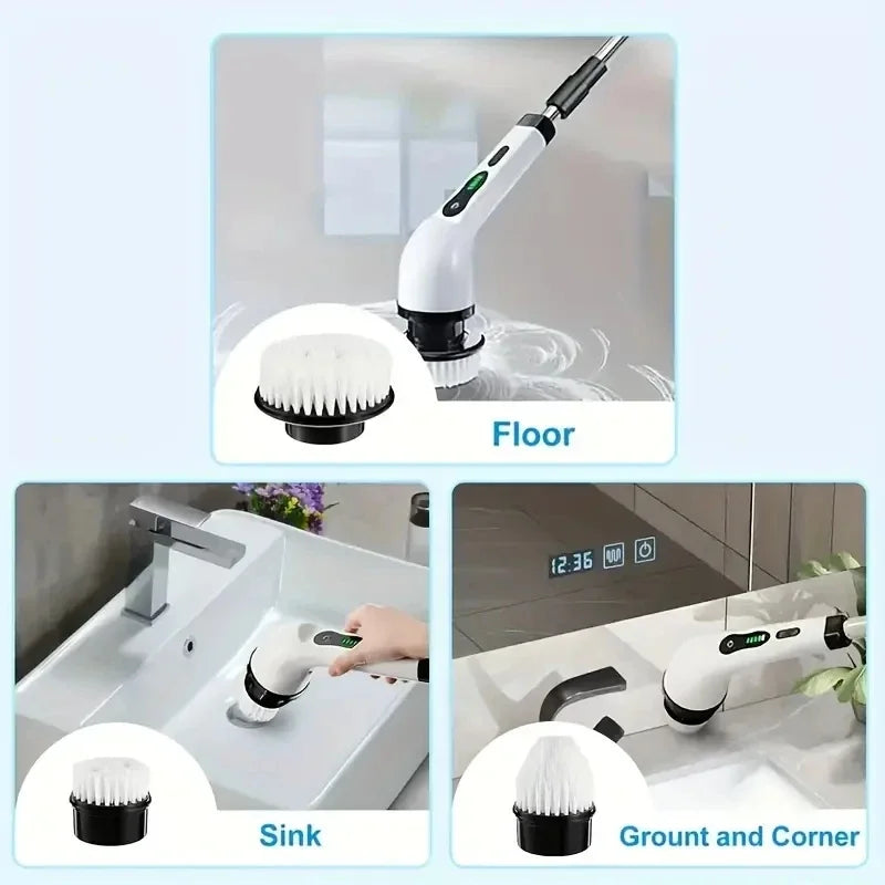 Electric Cleaning Brush, Wireless Electric Rotating Scrubber, 7 Brush Heads and Adjustable Extension Handle, Bathroom Cleaning