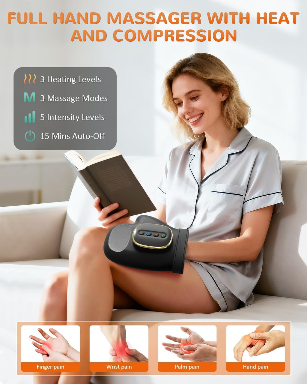 Hand Massager with Heat and Compression, Cordless, Black | Large Hand Chamber, with 3 Modes, 5 Intensity & 3 Heat Therapy for Arthritis Carpal Tunnel Pain Relief, Gift for Women Men