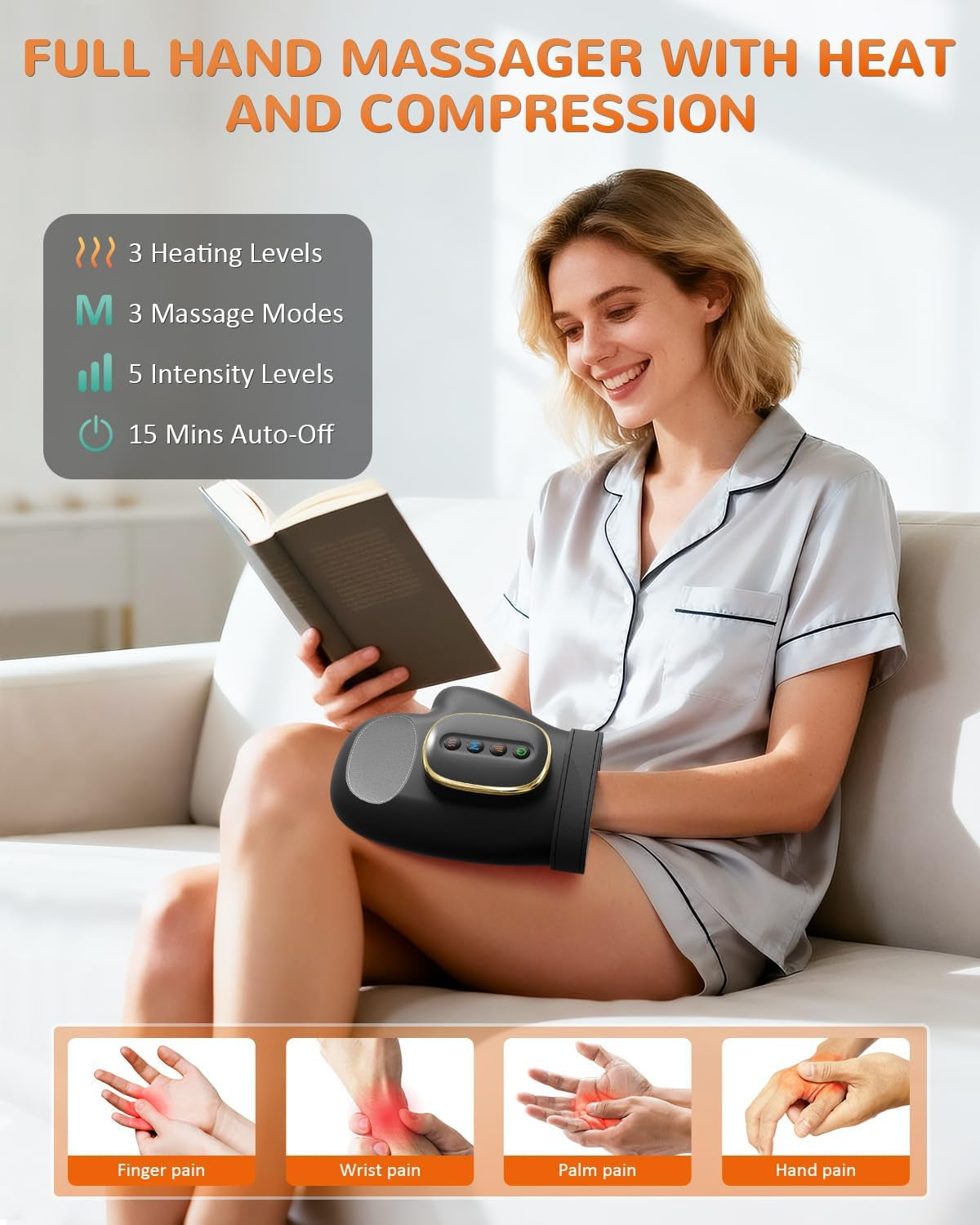 Hand Massager with Heat and Compression, Cordless, Black | Large Hand Chamber, with 3 Modes, 5 Intensity & 3 Heat Therapy for Arthritis Carpal Tunnel Pain Relief, Gift for Women Men