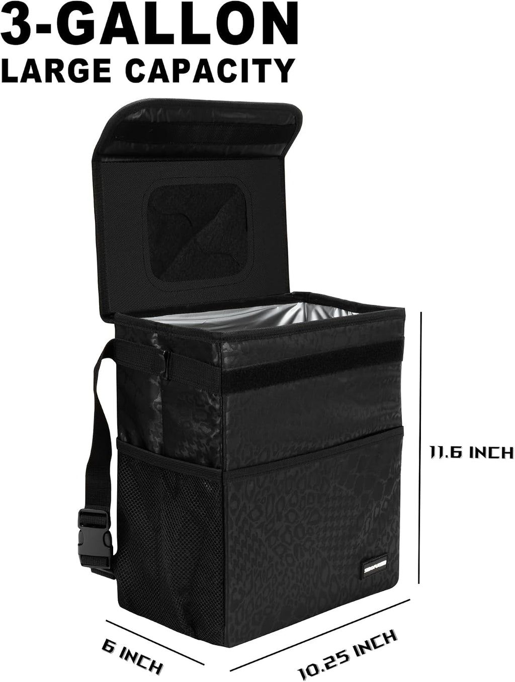 Sturdy 3 Gallon Car Trash Can - Ultra Large Capacity, Leak Proof, Waterproof Car Organizer and Storage with Pockets and Adjustable Straps, Collapsible Interior Car Accessory (Black Leopard)