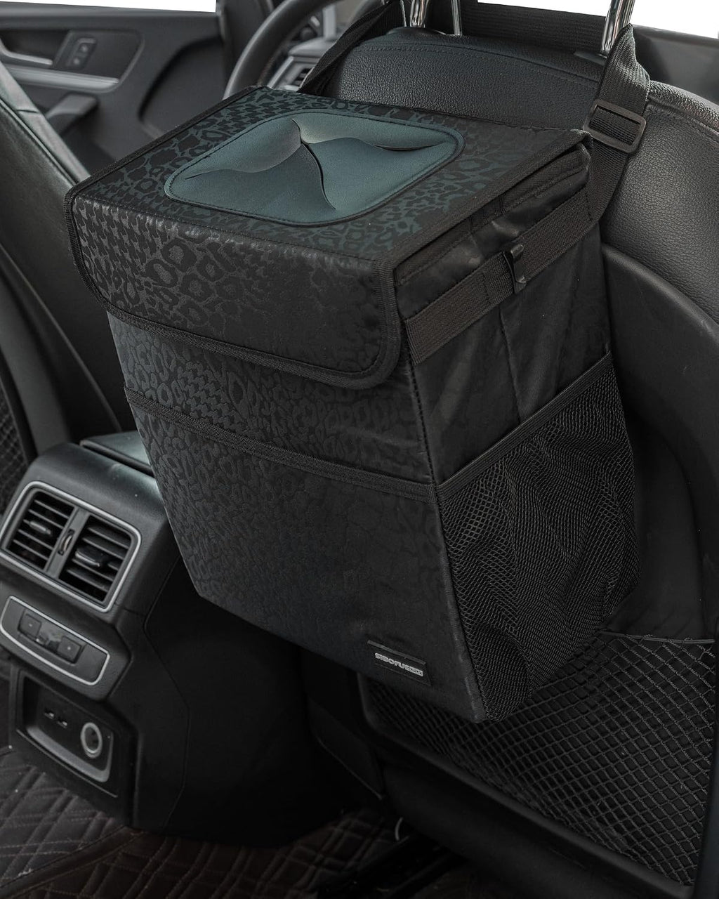 Sturdy 3 Gallon Car Trash Can - Ultra Large Capacity, Leak Proof, Waterproof Car Organizer and Storage with Pockets and Adjustable Straps, Collapsible Interior Car Accessory (Black Leopard)