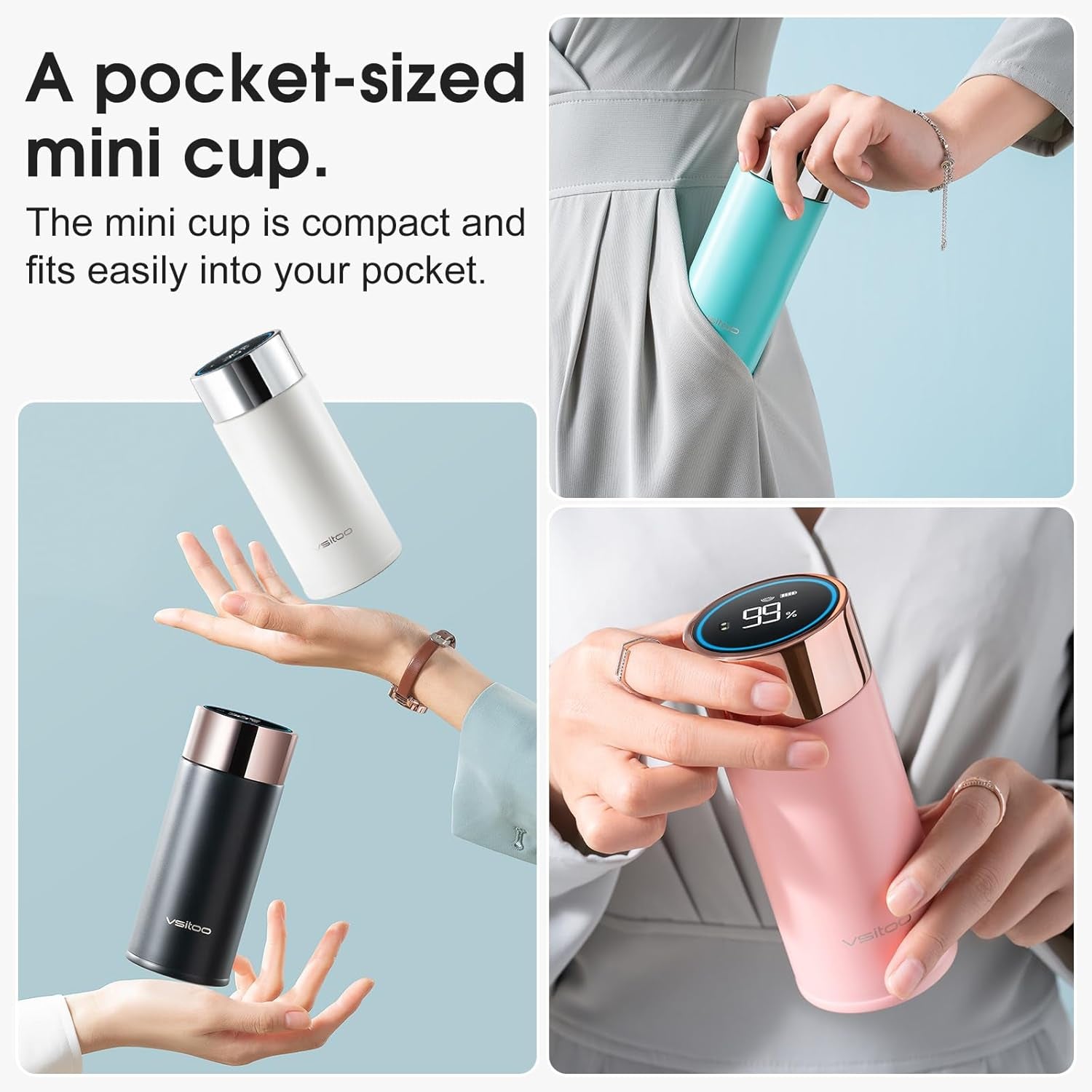 S1 Lite Mini 8.5Oz Insulated Self-Cleaning Water Bottle for Purse | Purse-Ready 8.5Oz Mini Bottle with Auto Self-Cleaning, App & Touchscreen Control, Temp Display and 30-Day Battery Life
