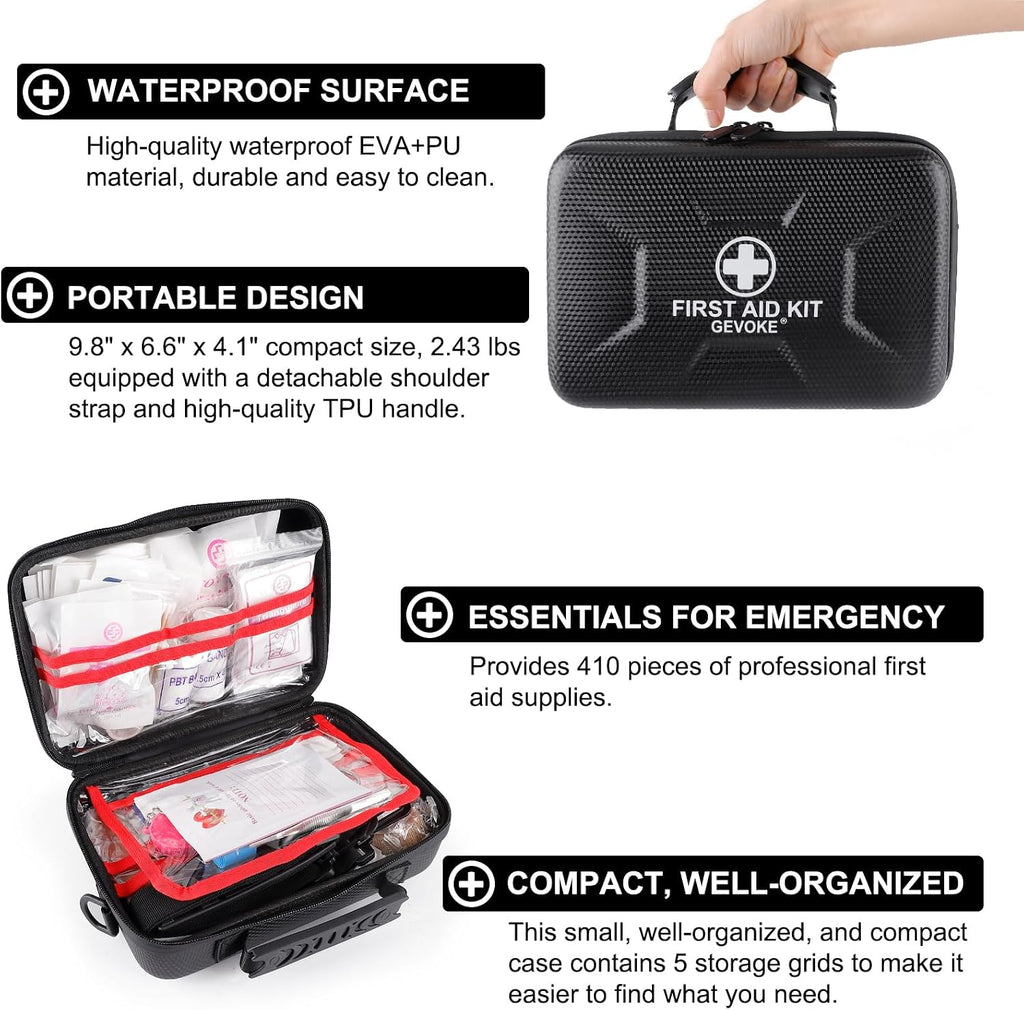 Kit de primeros auxilios impermeable de 410 piezas con estuche rígido negro de Movil Shop para camping y supervivencia.

