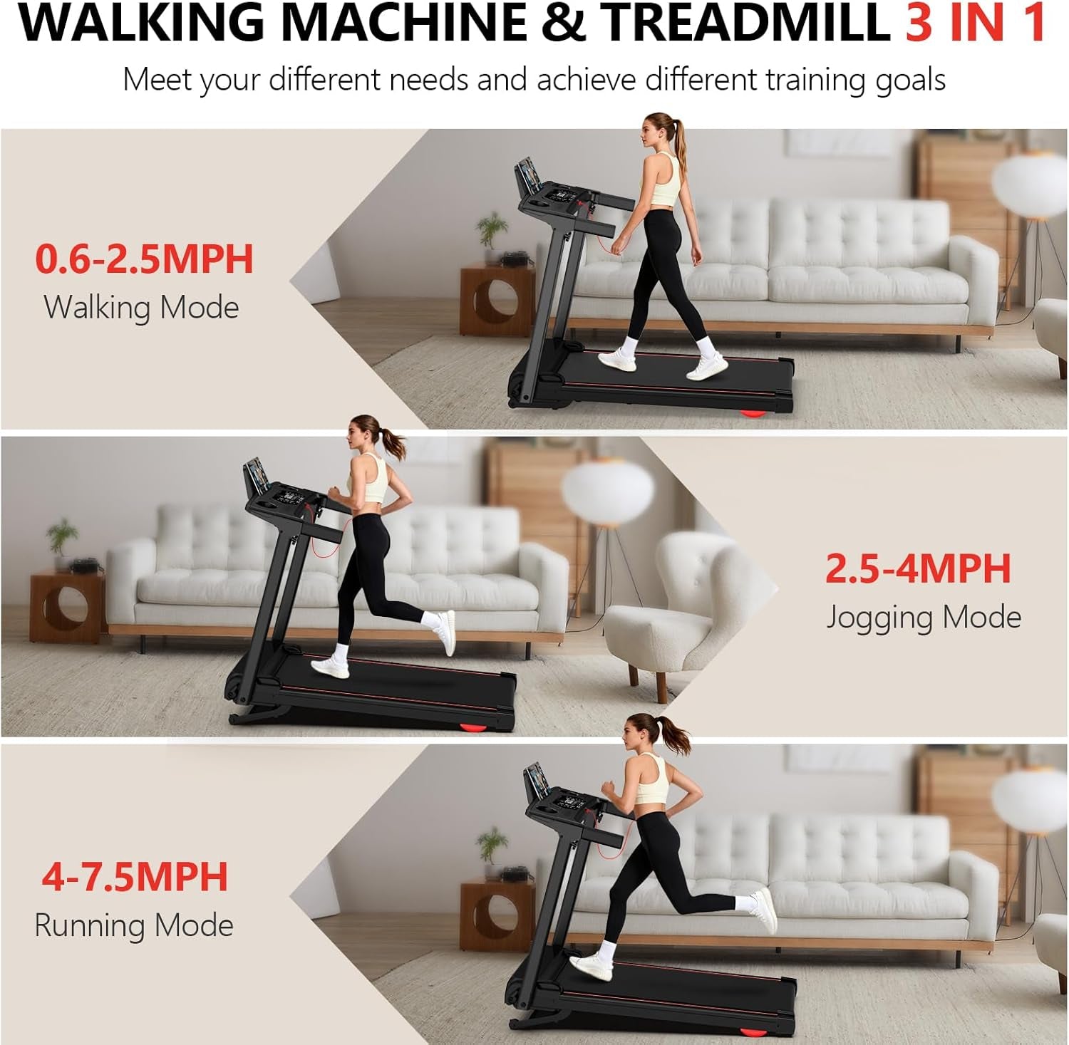 Foldable Walking Pad Treadmill with 0-15% Auto Incline for Home | 0.6-7.5MPH, with Handle Bar, Compact, Portable, 350Lbs Capacity, 3.0HP Low Noise, Running Machine