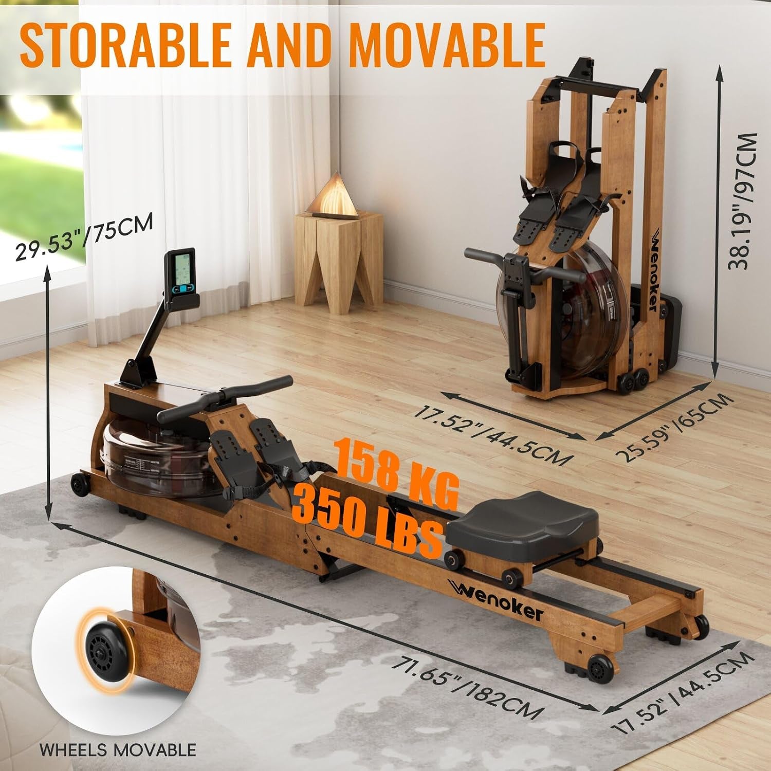 Water Rowing Machine for Home Use,  Wooden Foldable Rower Machine with Dedicated Monitor & Bluetooth APP, Large Water Tank & Comfortable Seat for Immersive Water Rower, 350LBS Weight Capacity