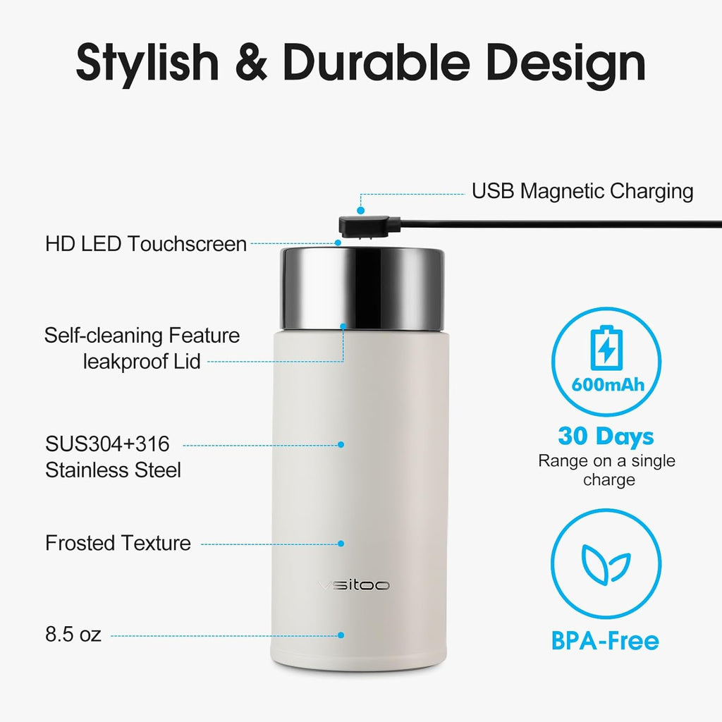 S1 Lite Mini 8.5Oz Insulated Self-Cleaning Water Bottle for Purse | Purse-Ready 8.5Oz Mini Bottle with Auto Self-Cleaning, App & Touchscreen Control, Temp Display and 30-Day Battery Life