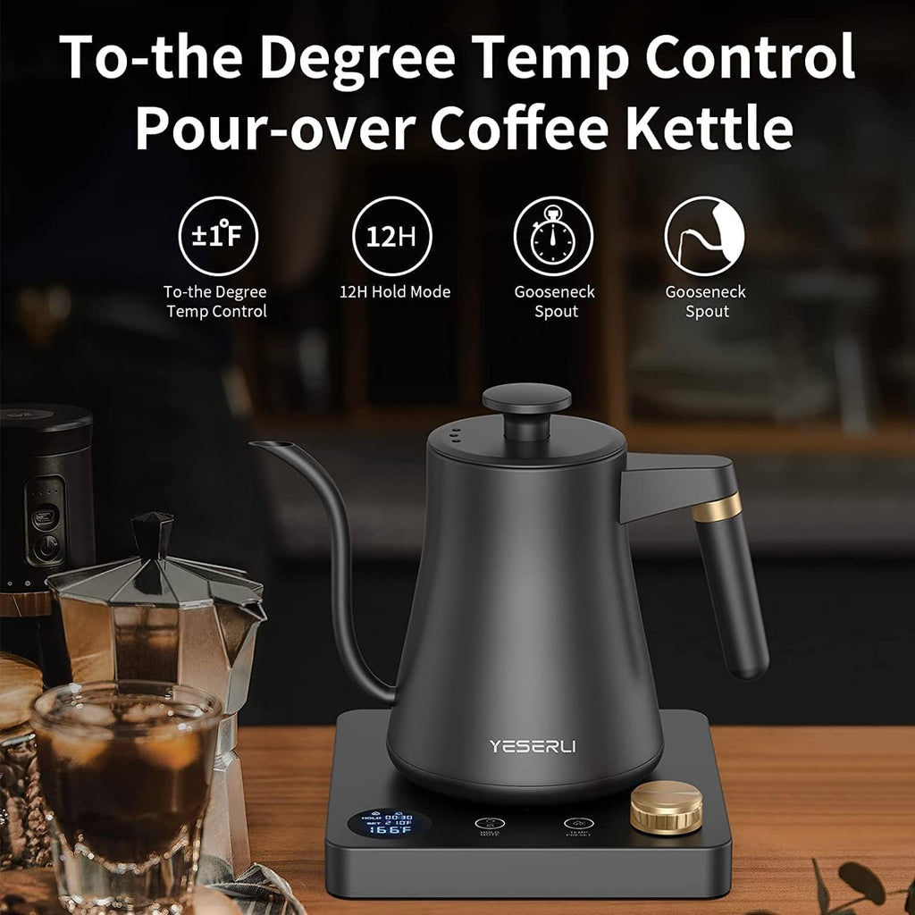 1200W Gooseneck Kettle with ±1℉ Temperature Control,Pour over Electric Kettle for Coffee & Tea,Digital Display,4 Temp Preset,12H Keep Warm,100% Stainless Steel,Rapid Heating,1L,Matte Black