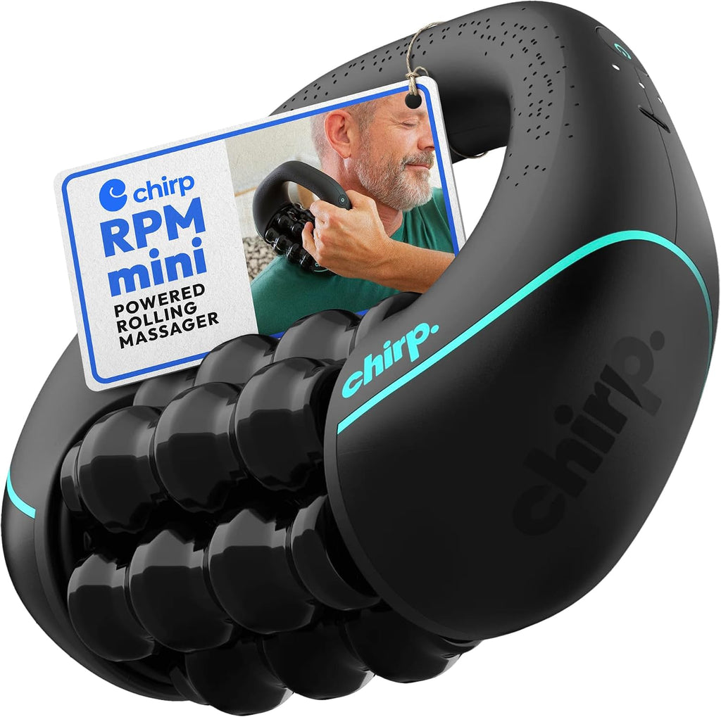 RPM Mini Rolling Percussive Massager, Deep Tissue Muscle Roller | Portable Percussive Massage Roller, Neck and Shoulder Massager, Multi-Grip Handle, Rechargeable, Muscle Recovery