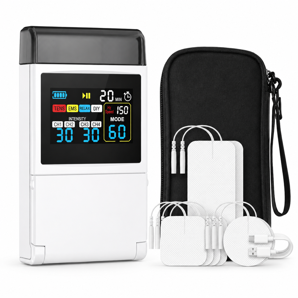 Electroestimulador TENS EMS Pro de 4 canales con pantalla digital a color