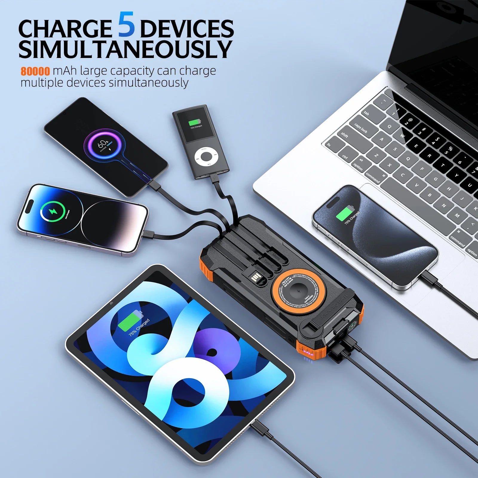 80000Mah Magnetic Wireless Power Bank Solar Hand Crank Portable Charger with LED Emergency Light for Iphone Apple Watch Airpod