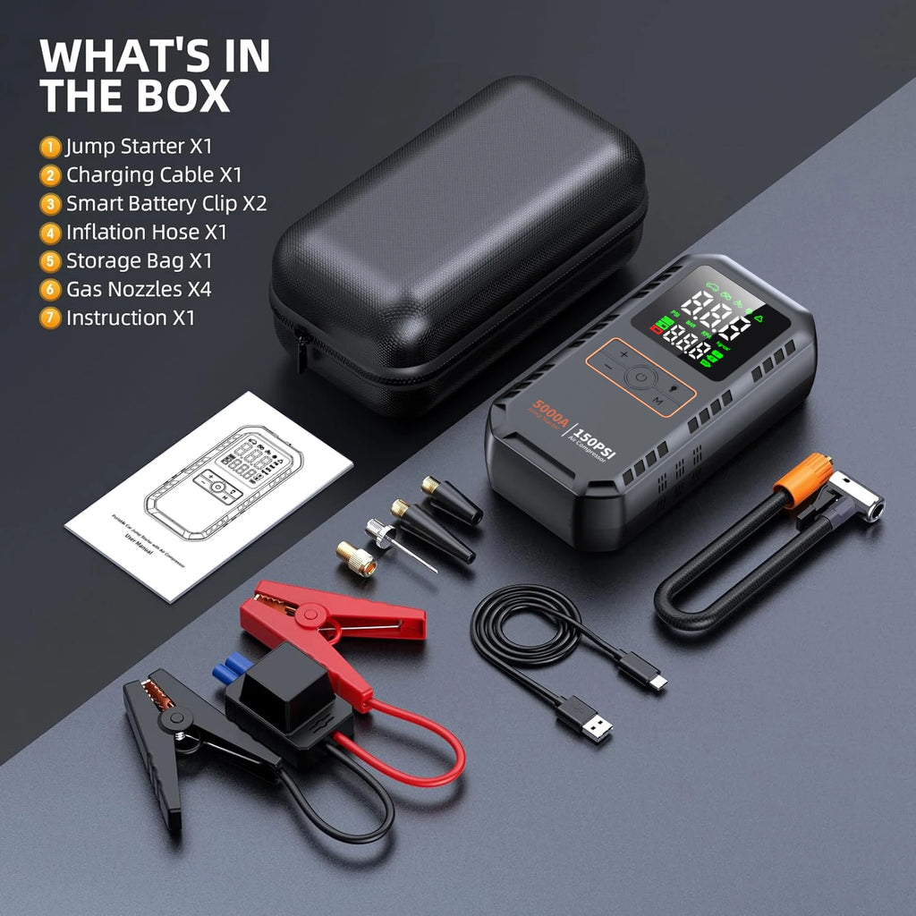 5000A Car Jump Starter with Air Compressor 150PSI Tire Inflator, Portable Battery Booster for Cars, Bike & Motorcycle