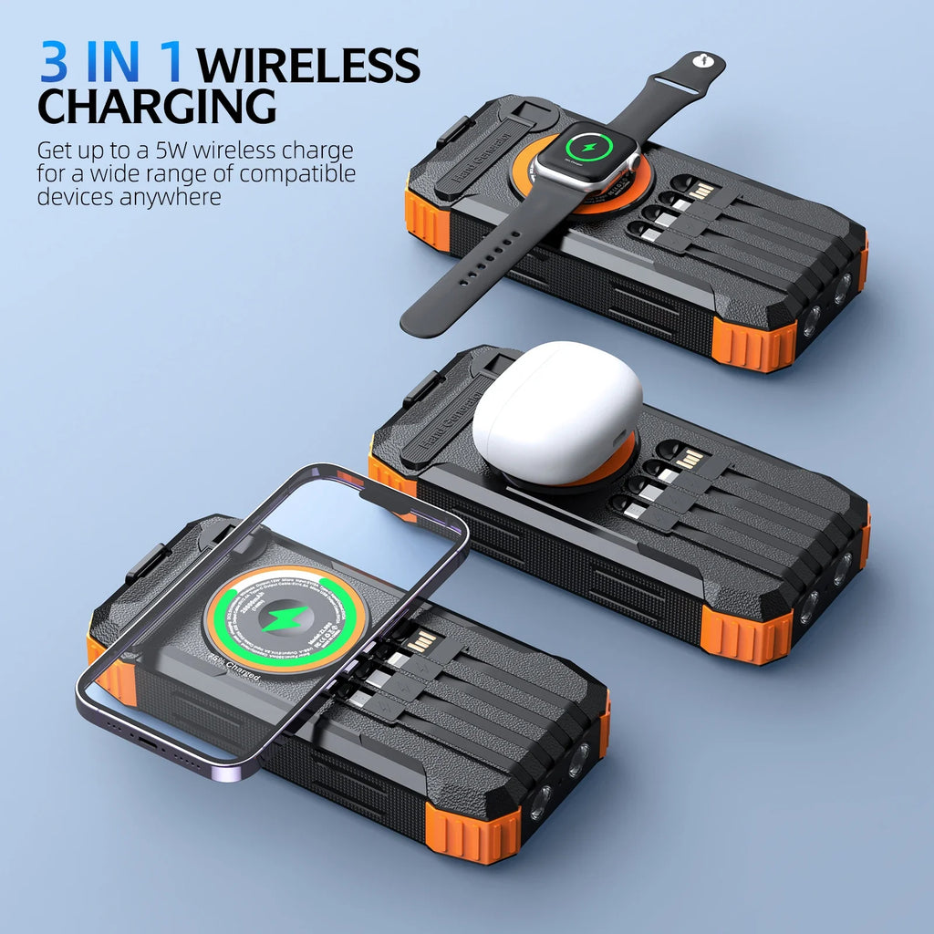 80000Mah Magnetic Wireless Power Bank Solar Hand Crank Portable Charger with LED Emergency Light for Iphone Apple Watch Airpod