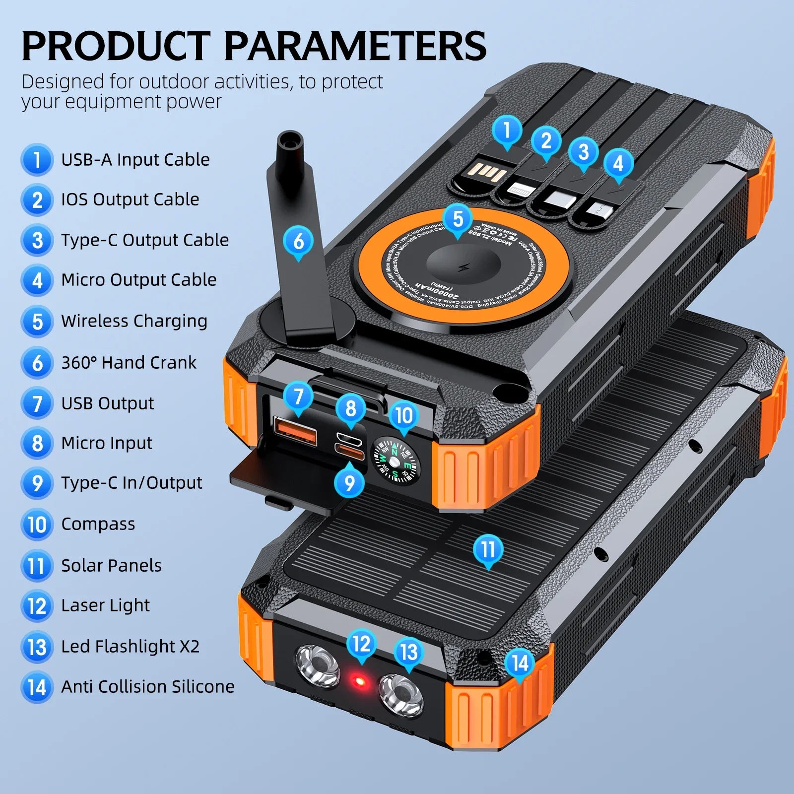 80000Mah Magnetic Wireless Power Bank Solar Hand Crank Portable Charger with LED Emergency Light for Iphone Apple Watch Airpod