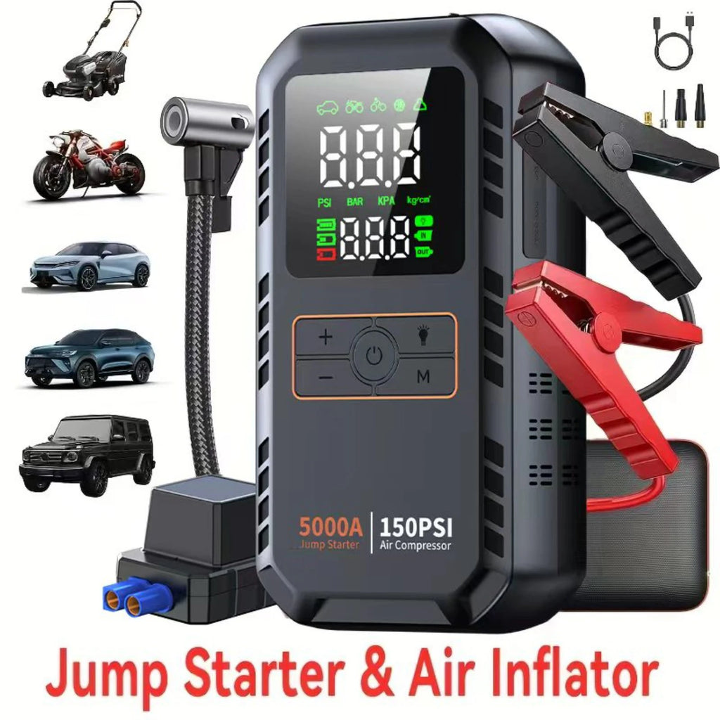 5000A Car Jump Starter with Air Compressor 150PSI Tire Inflator, Portable Battery Booster for Cars, Bike & Motorcycle
