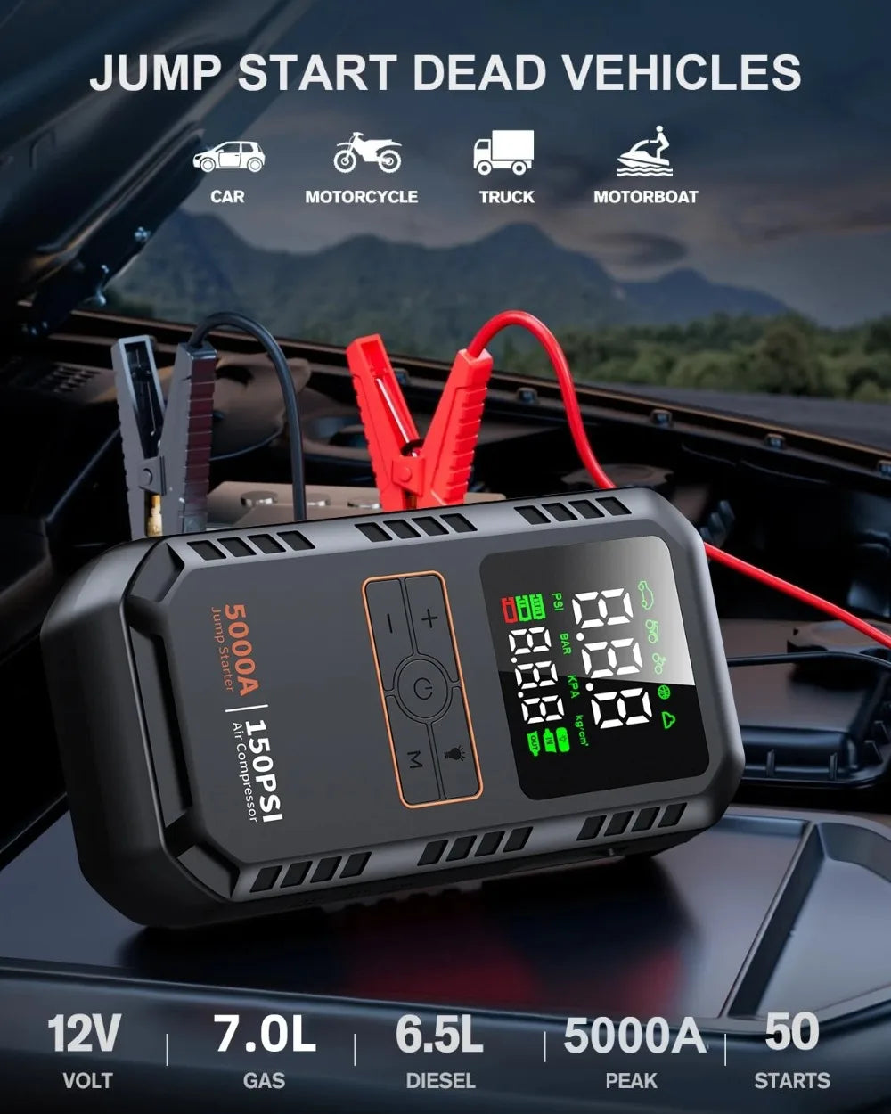 5000A Car Jump Starter with Air Compressor 150PSI Tire Inflator, Portable Battery Booster for Cars, Bike & Motorcycle