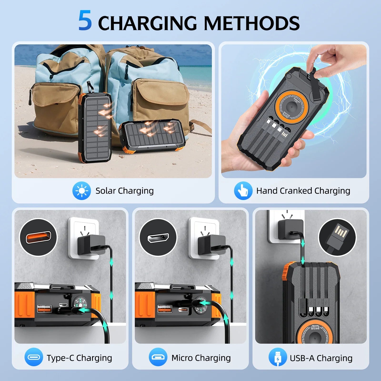 80000Mah Magnetic Wireless Power Bank Solar Hand Crank Portable Charger with LED Emergency Light for Iphone Apple Watch Airpod