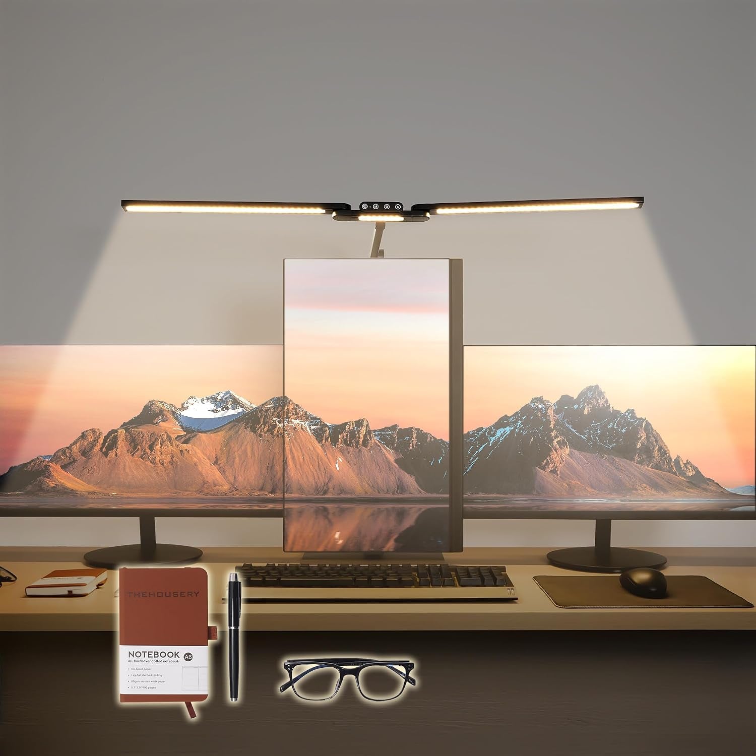 LED Desk Lamp, anti Eyestrain with Blue Light Blocking Glasses Included, 3000K-6500K with Clamp, Architect Style Swing Arm, Wide Monitor Computer Light for Home Office Gift