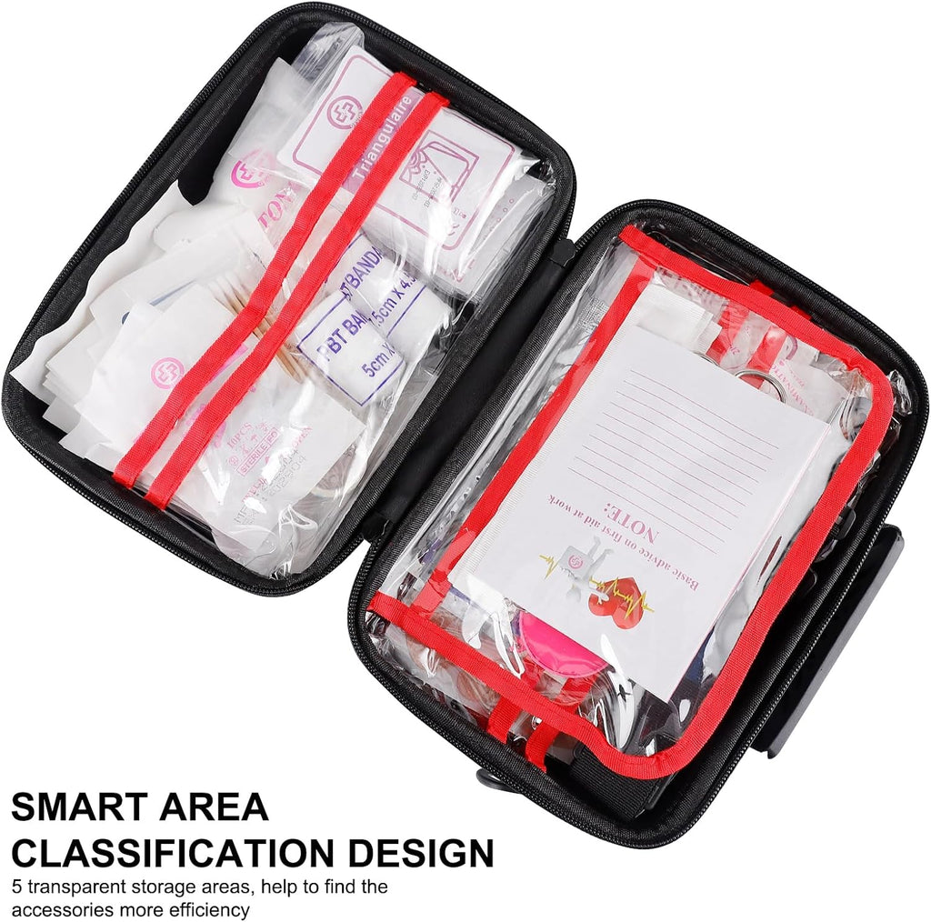 Kit de primeros auxilios impermeable de 410 piezas con estuche rígido negro de Movil Shop para camping y supervivencia.
