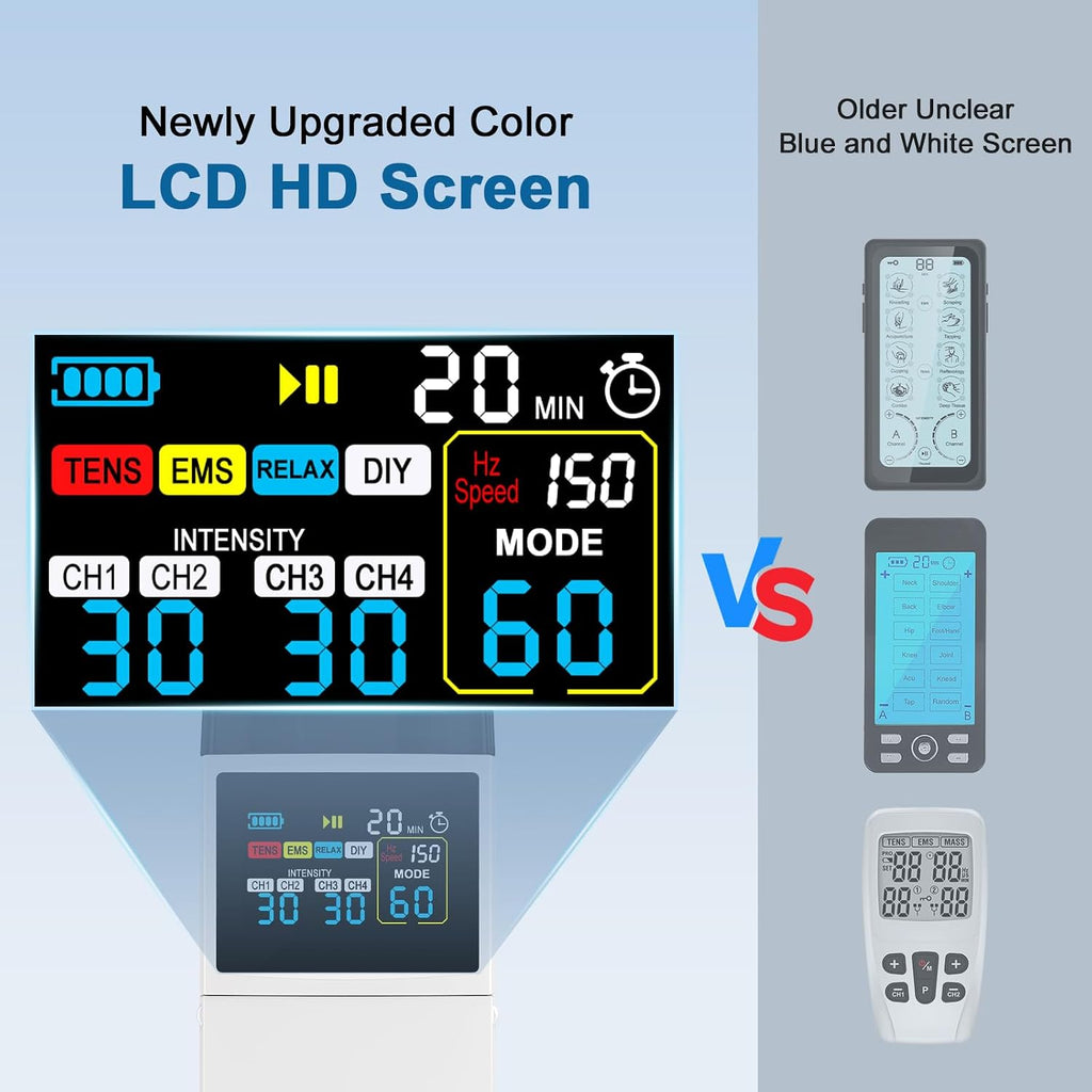 Electroestimulador TENS EMS Pro de 4 canales con pantalla digital a color
