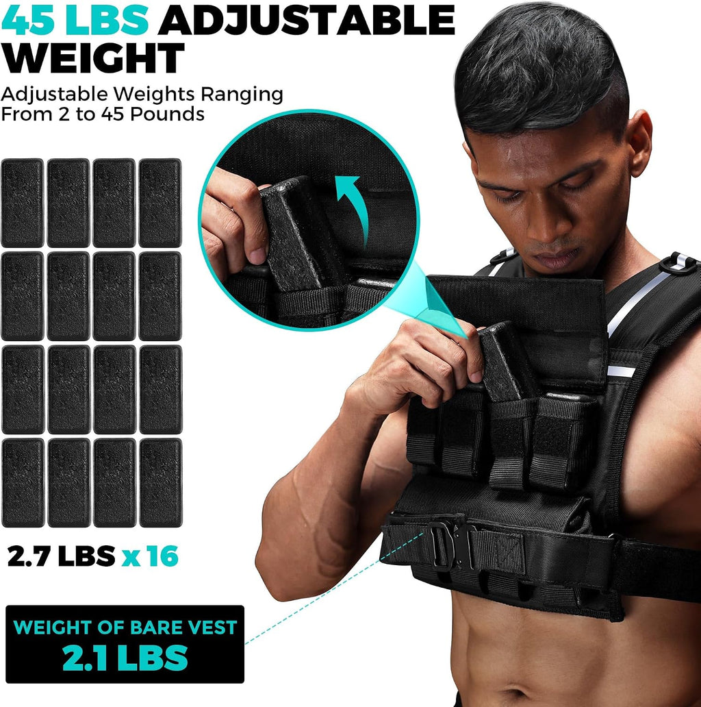 Weighted Vest Men, 35Lb/45Lb Adjustable Rucking Vests for Walking Running | 1.2" Shoulder Padding, High-Vis Reflective Strips, Metal Tactical Buckle, Strength Training Vest for Hiking Workout Fitness