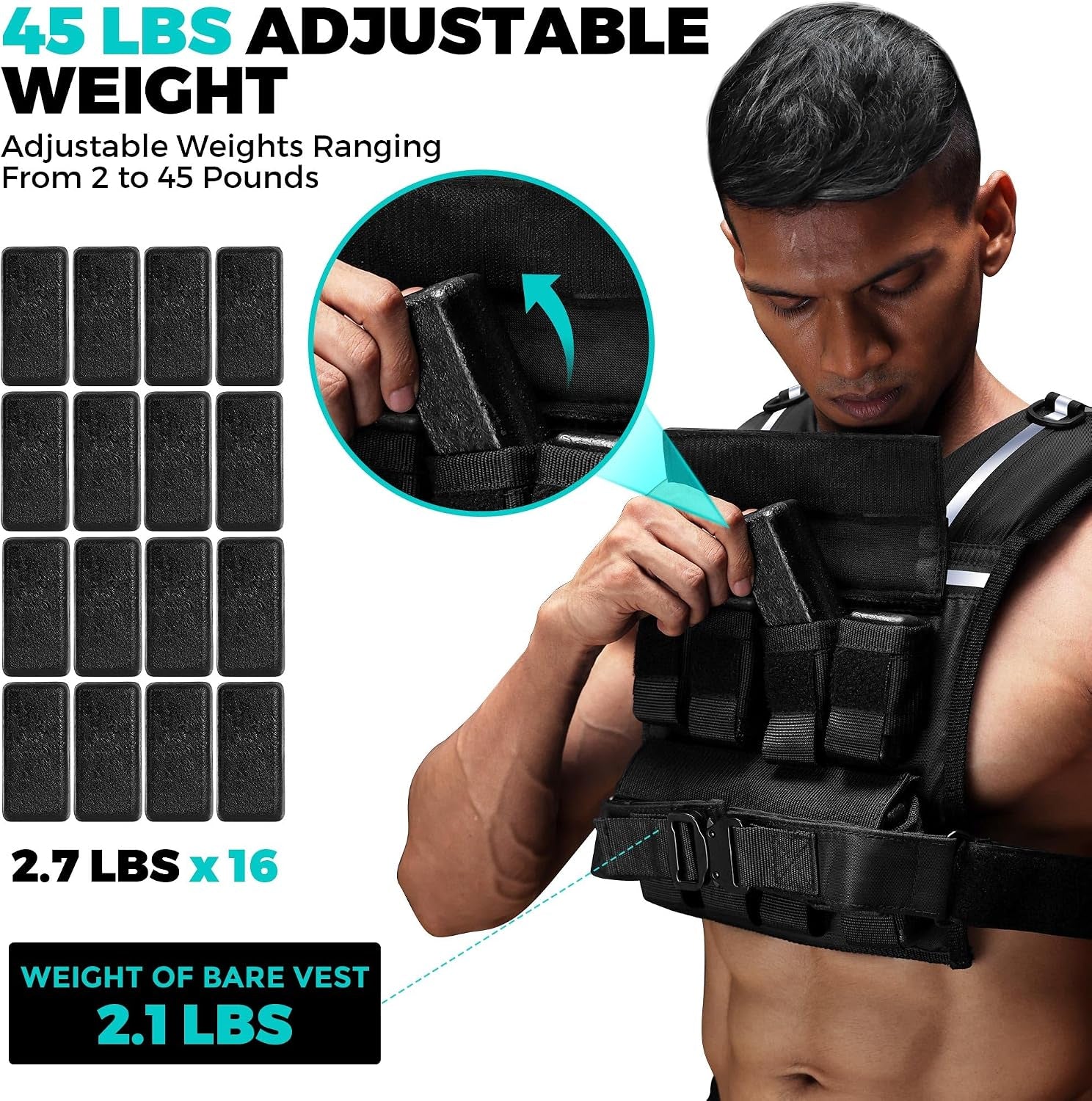Weighted Vest Men, 35Lb/45Lb Adjustable Rucking Vests for Walking Running | 1.2" Shoulder Padding, High-Vis Reflective Strips, Metal Tactical Buckle, Strength Training Vest for Hiking Workout Fitness