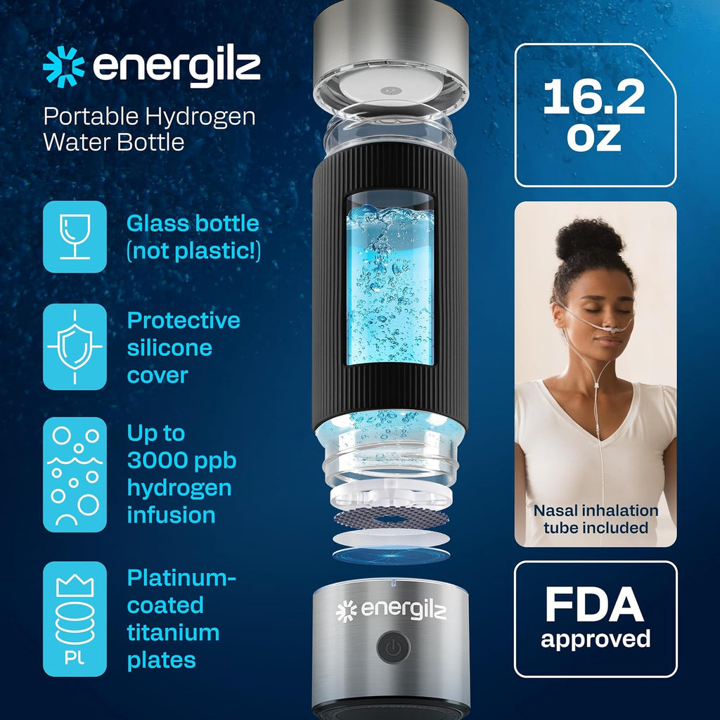 Hydrogen Water Bottle | Large 16.2 Oz (480 Ml) Hydrogen Water Bottle Generator 3000Ppb | Hydrogenator Machine | SPE/PEM Hydrogenated Ionizer Generator (Steel W/Black)