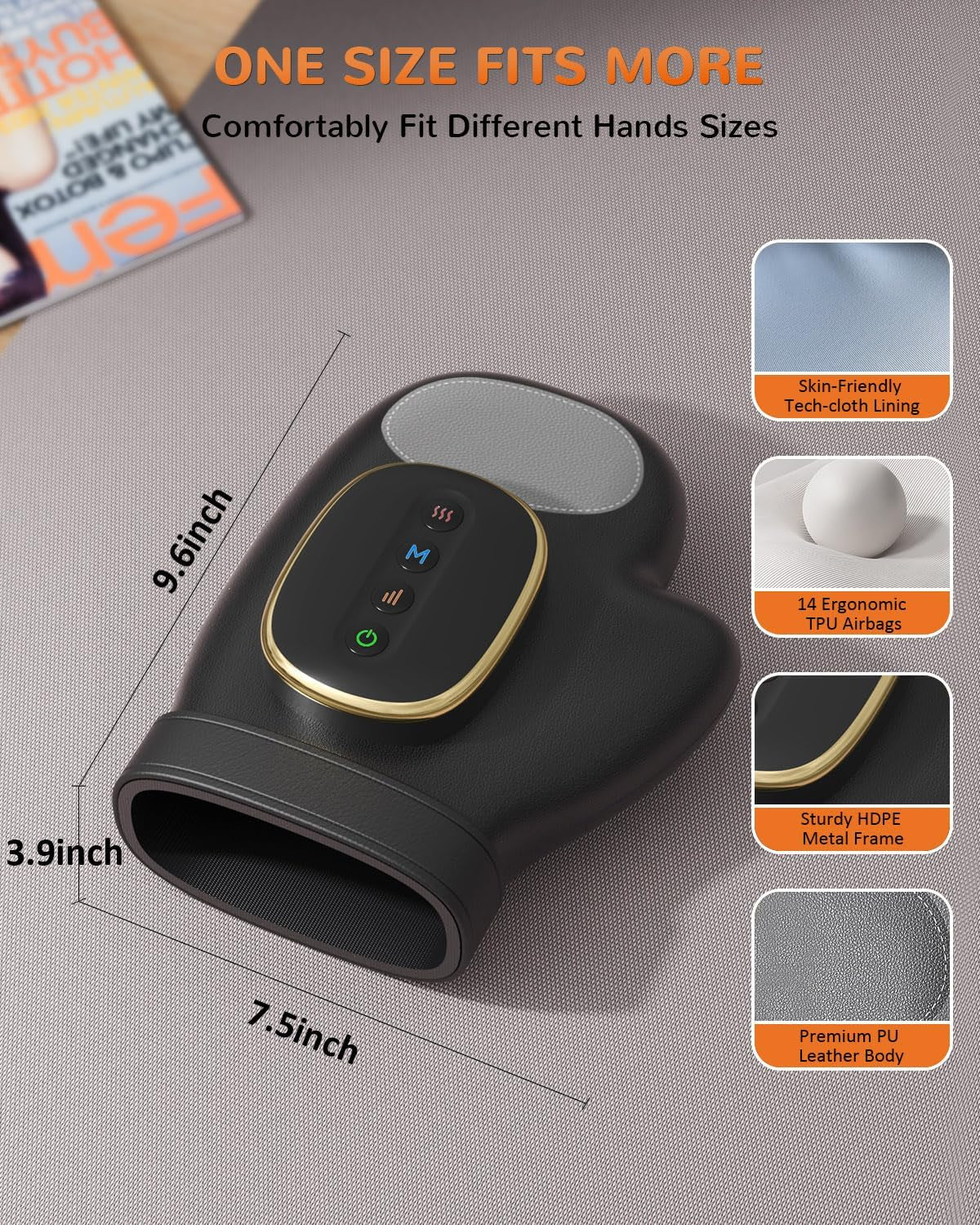Hand Massager with Heat and Compression, Cordless, Black | Large Hand Chamber, with 3 Modes, 5 Intensity & 3 Heat Therapy for Arthritis Carpal Tunnel Pain Relief, Gift for Women Men