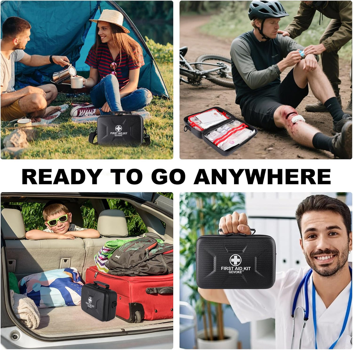 Kit de primeros auxilios impermeable de 410 piezas con estuche rígido negro de Movil Shop para camping y supervivencia.
