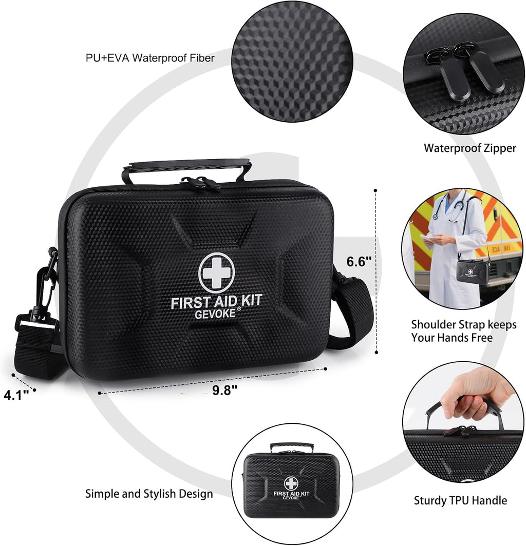 Kit de primeros auxilios impermeable de 410 piezas con estuche rígido negro de Movil Shop para camping y supervivencia.
