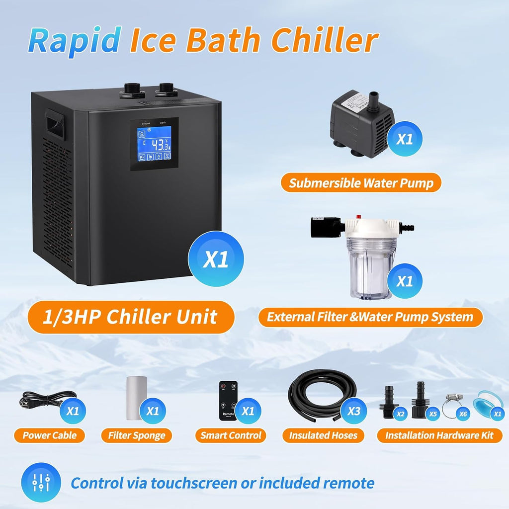 𝙐𝙥𝙜𝙧𝙖𝙙𝙚 Ice Bath Water Chiller, 1/3 HP Water Chiller for Cold Plunge Tubs, with Pump, External Filter and Filter Media, Remote Control, for Home and Professional Use