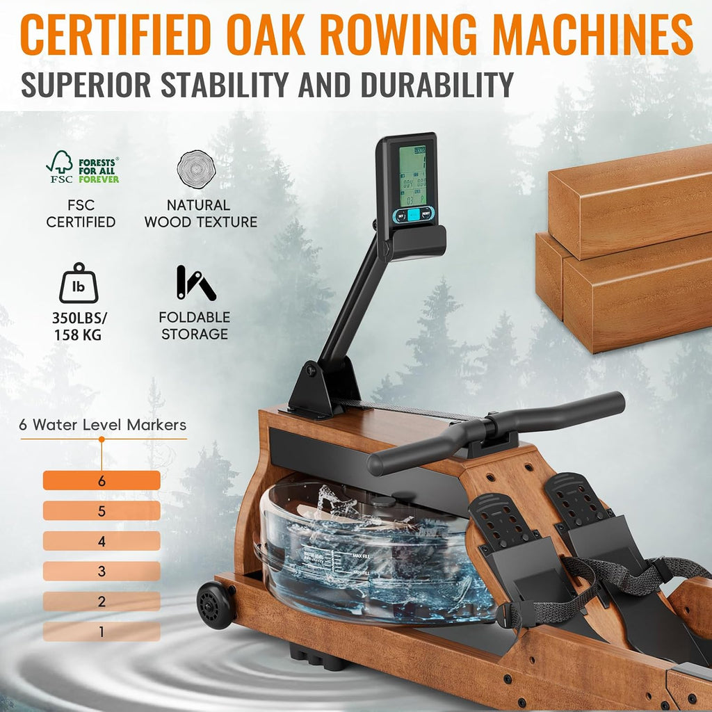 Water Rowing Machine for Home Use,  Wooden Foldable Rower Machine with Dedicated Monitor & Bluetooth APP, Large Water Tank & Comfortable Seat for Immersive Water Rower, 350LBS Weight Capacity