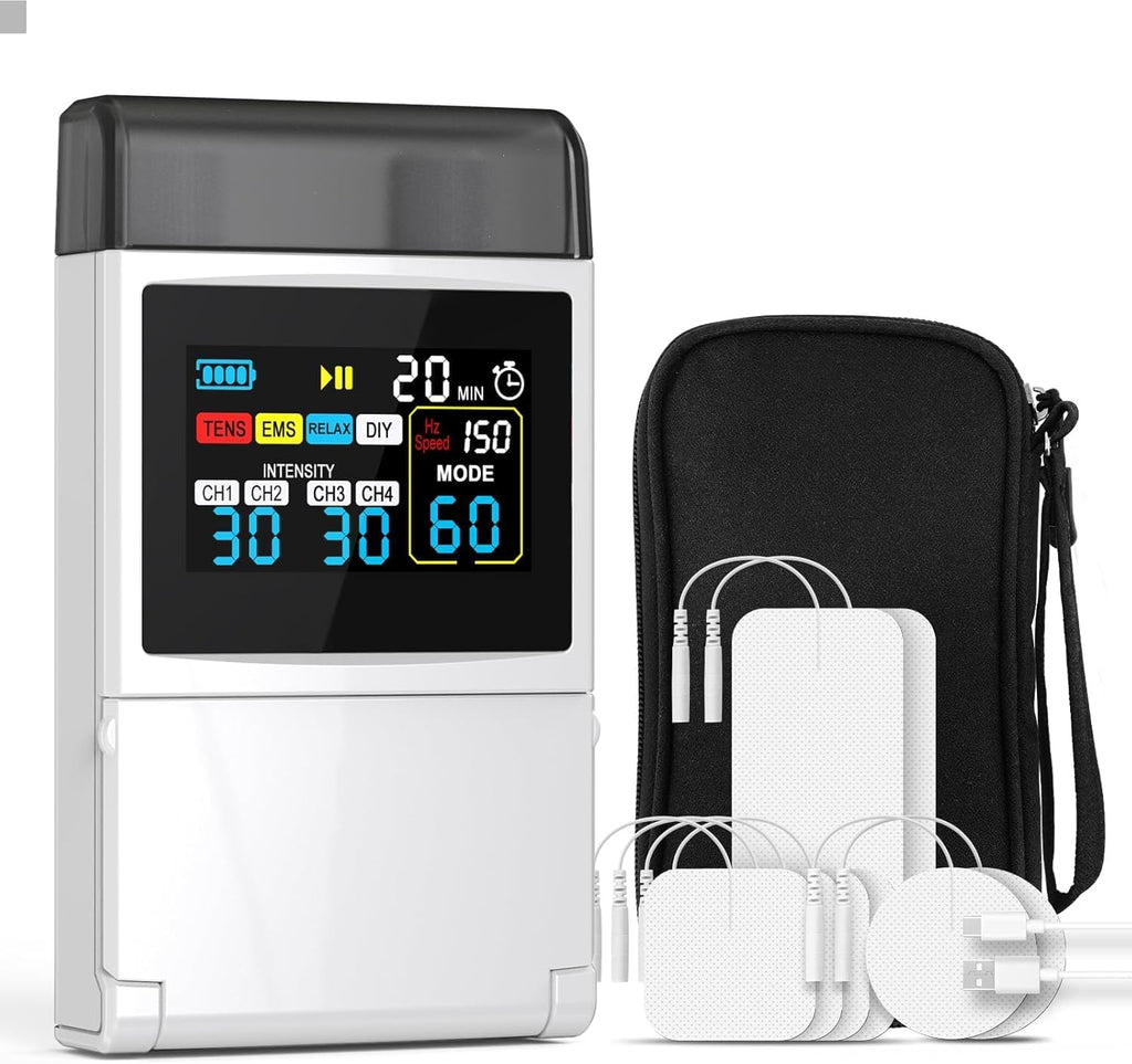 Electroestimulador TENS EMS Pro de 4 canales con pantalla digital a color
