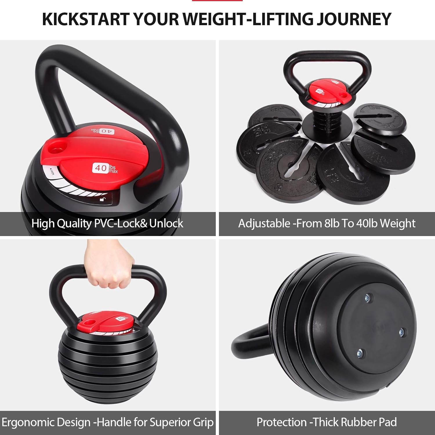 Adjustable Kettlebell Weights Set Cast Iron Exercise Fitness Kettle Ball Grip 5, 8, 9,12Lb Free Weight Men Women Kettlebells for Home Gym Workout Ballistic, Core,Strength Training