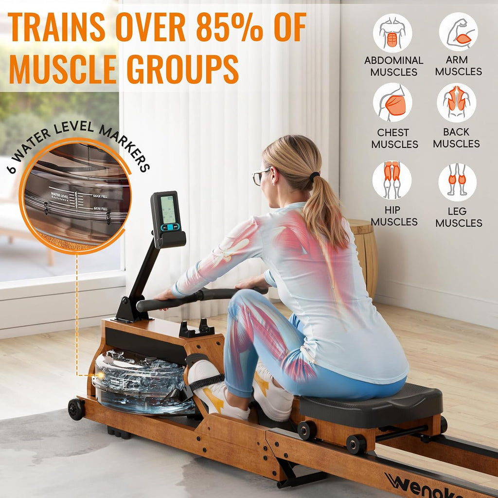 Water Rowing Machine for Home Use,  Wooden Foldable Rower Machine with Dedicated Monitor & Bluetooth APP, Large Water Tank & Comfortable Seat for Immersive Water Rower, 350LBS Weight Capacity