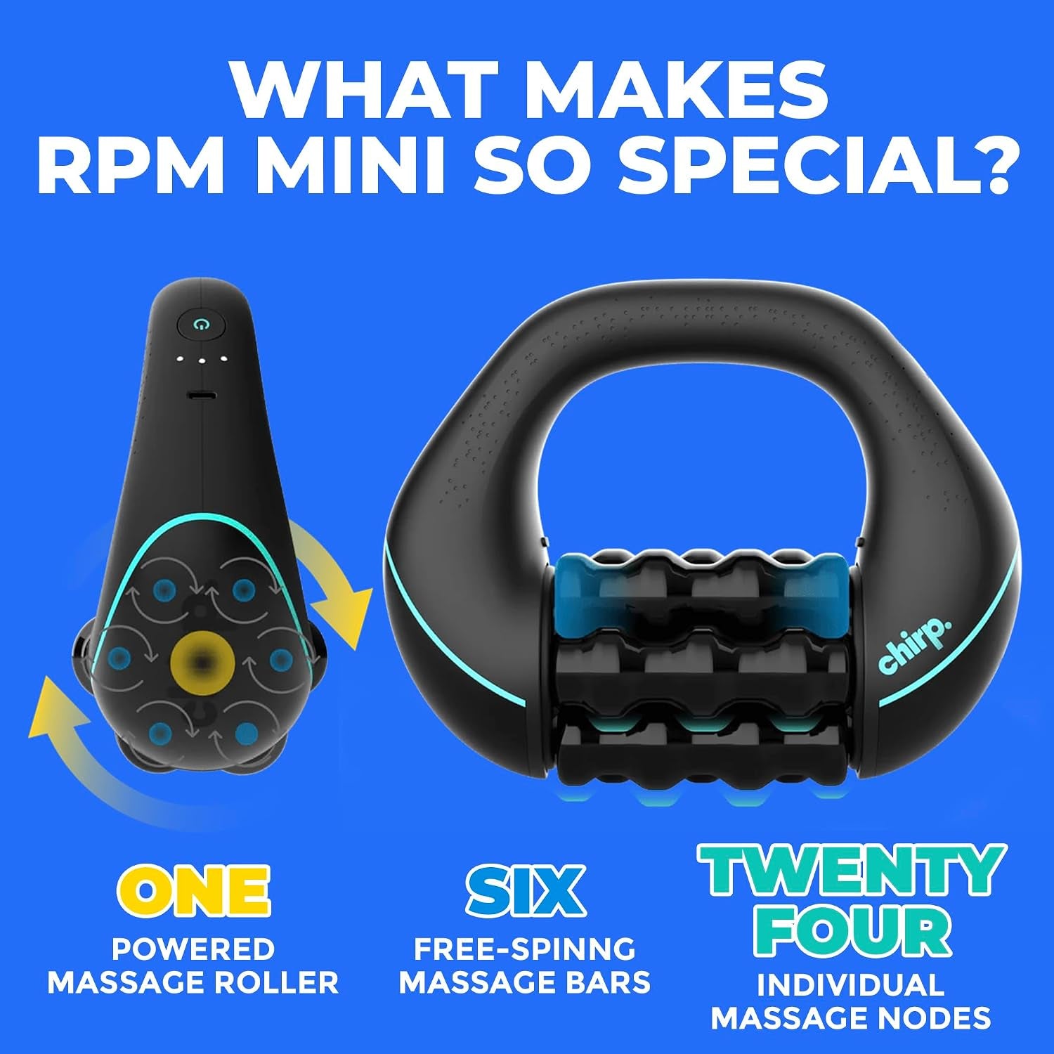 RPM Mini Rolling Percussive Massager, Deep Tissue Muscle Roller | Portable Percussive Massage Roller, Neck and Shoulder Massager, Multi-Grip Handle, Rechargeable, Muscle Recovery