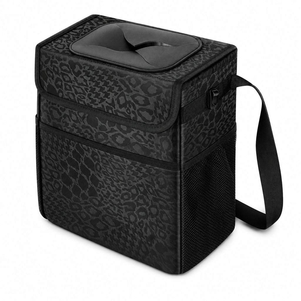 Sturdy 3 Gallon Car Trash Can - Ultra Large Capacity, Leak Proof, Waterproof Car Organizer and Storage with Pockets and Adjustable Straps, Collapsible Interior Car Accessory (Black Leopard)